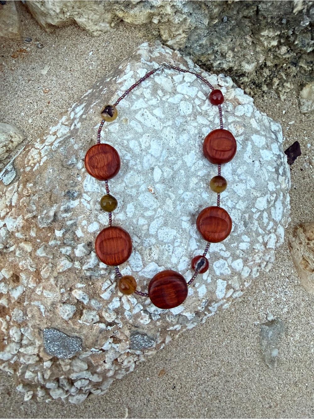 Hand strung, vintage carved wood bead and stone necklace